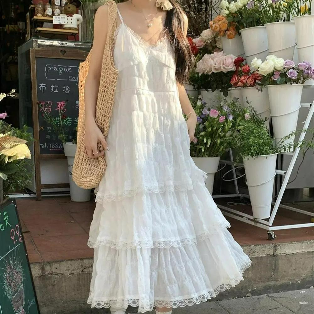 Summer Befree Long Vintage Casual Ruffles Elegant Maxi Strap Camis Silky Beach Lace Elegant Party Dress Vestidos Sexy Women