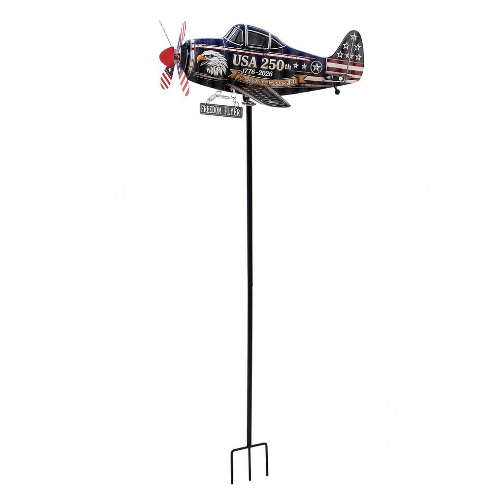 Metal Patriotic Helicopter Windmill Stake with Spinning Propeller Aircraft Windmill Sculpture Decorative for Patio Garden Decor