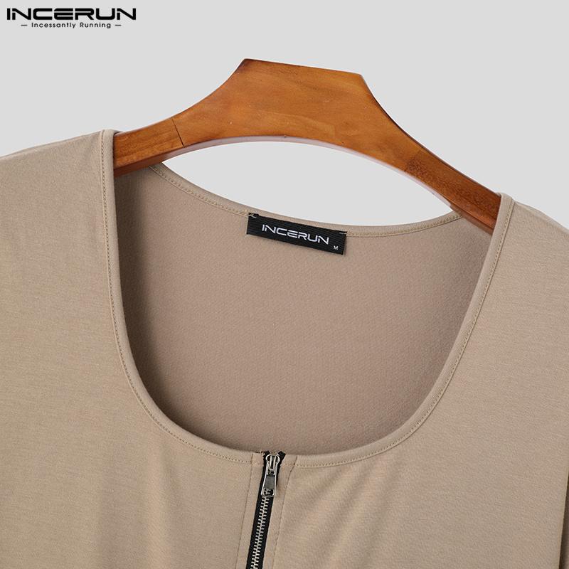 INCERUN Летние мужские футболки с коротким рукавом и U-образным вырезом на молнии, повседневные облегающие футболки, короткие топы