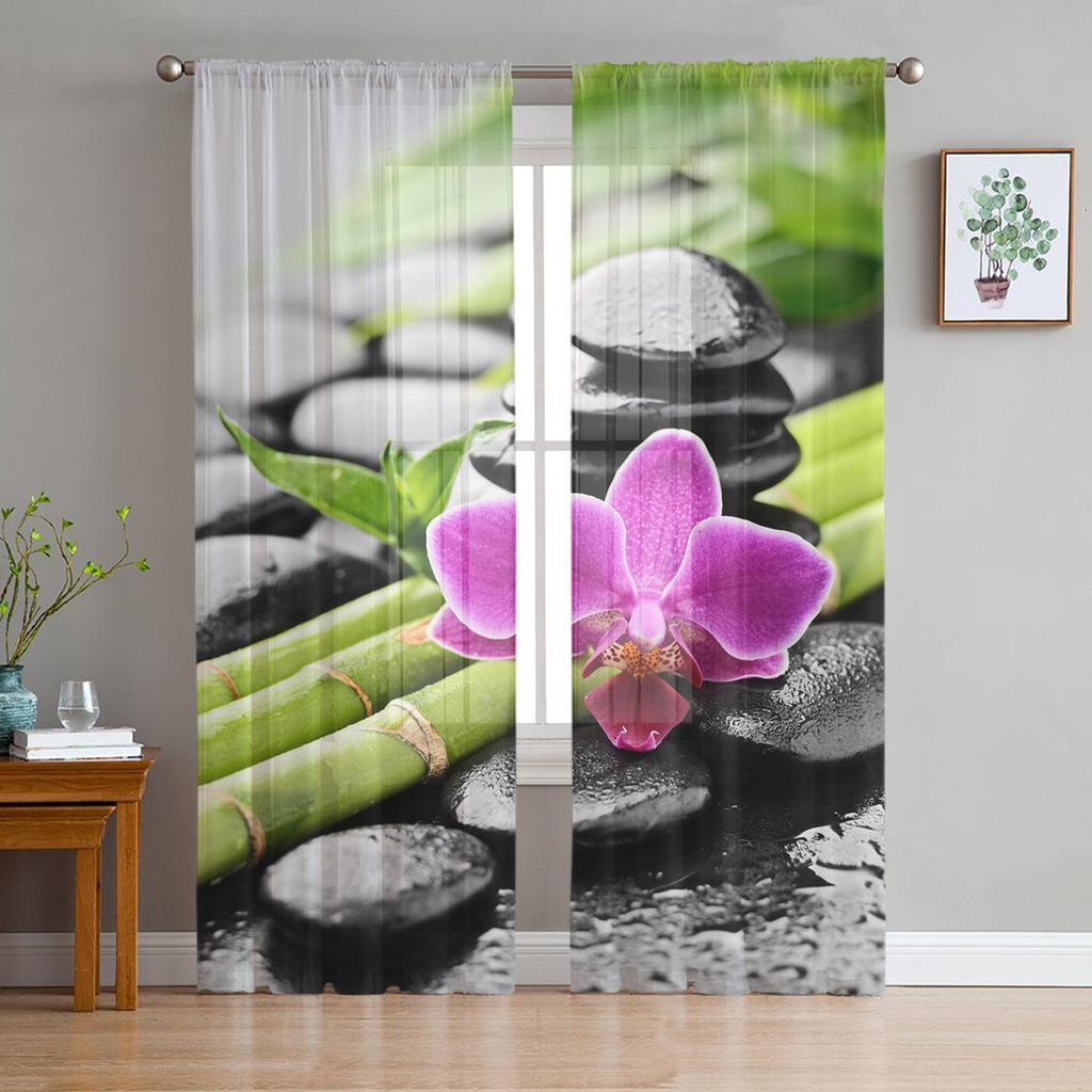 Zen Stones Orchids Flower Green Bamboo Tulle Curtains for Living Room Bedroom Decor Transparent Sheer Voile Window Curtain