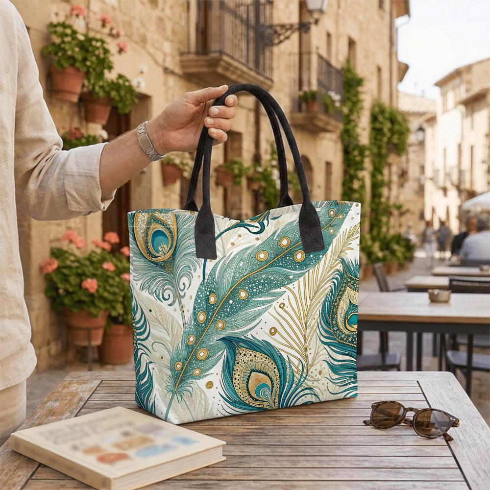 Peacock Feather Print Tote Bag Fashion Casual Large Capacity Handbag for Women Daily Use