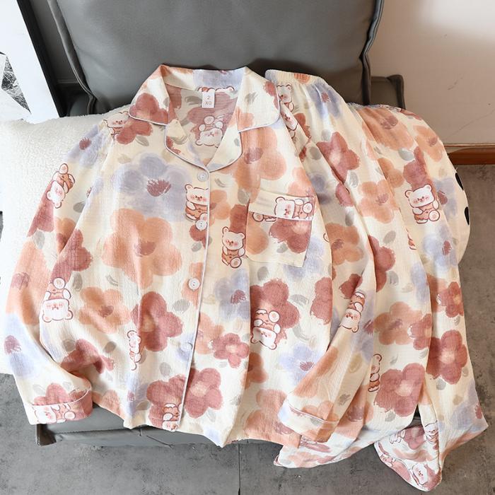 Женский пижамный комплект с рисунком медведя из мультфильма, осенняя пижама для женщин в стиле Харадзюку, повседневная домашняя одежда, одежда для сна