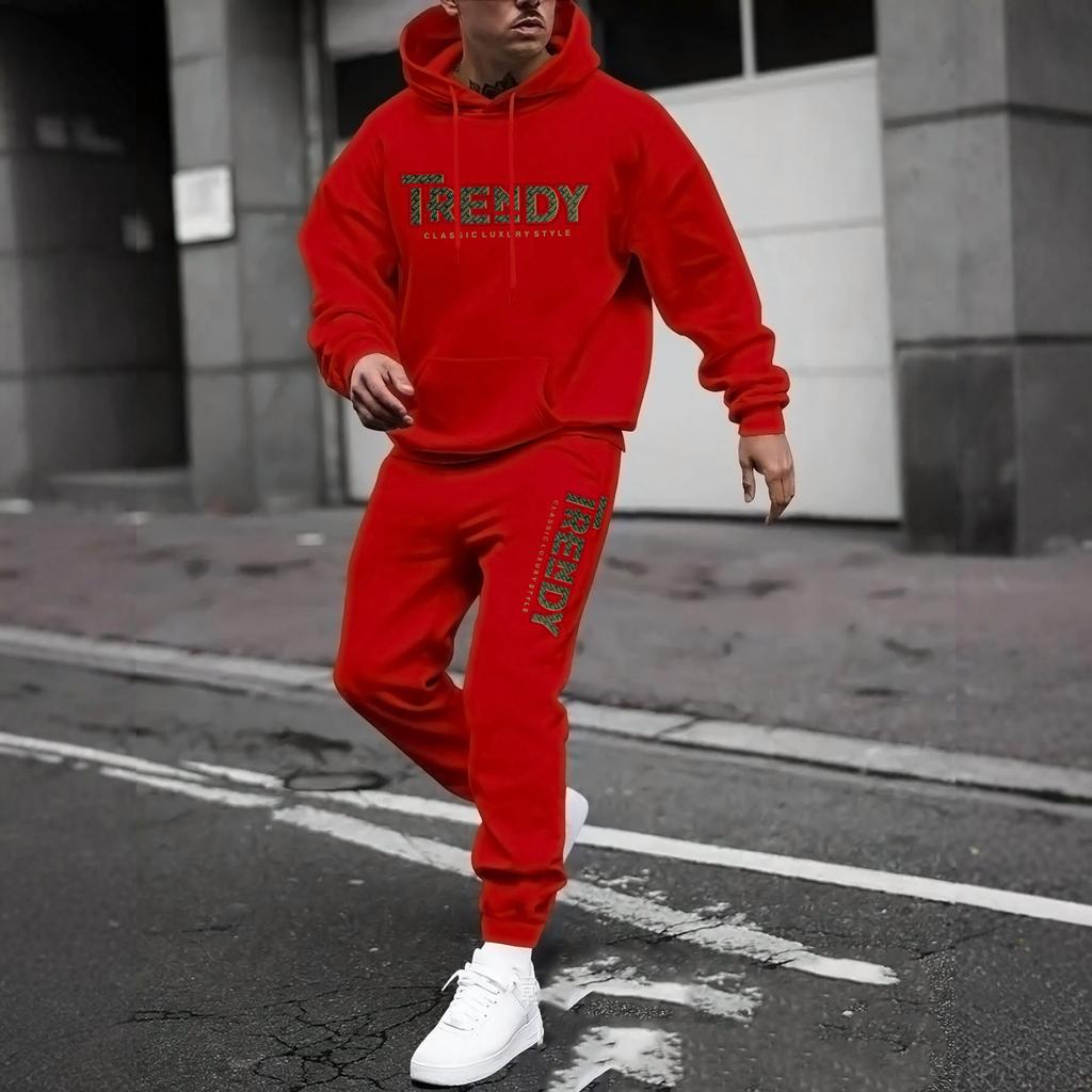 Men's Casual Solid Color Letter-printed Sweatshirt Set, Men's Fleece Hooded Drawstring Sweatshirt And Sweatpants Two-piece Set
