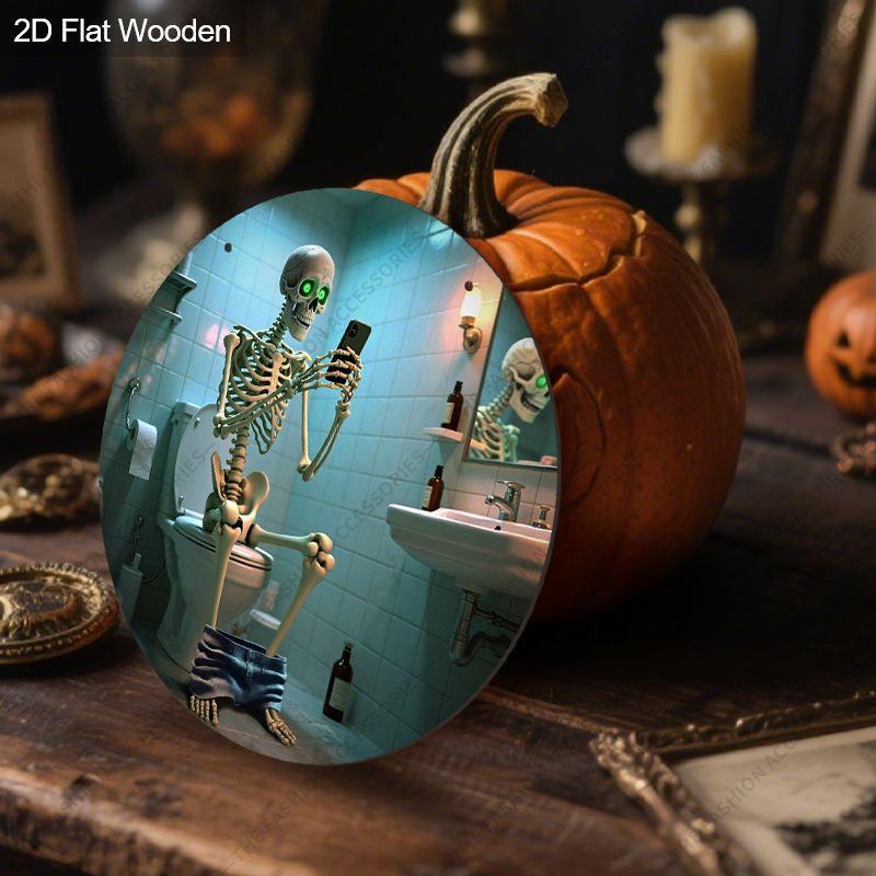 Деревянные подвесные декоративные таблички, украшения на Хэллоуин, украшения для ванной комнаты, 2D плоские подвески, рисунок - скелет, сидящий на унитазе