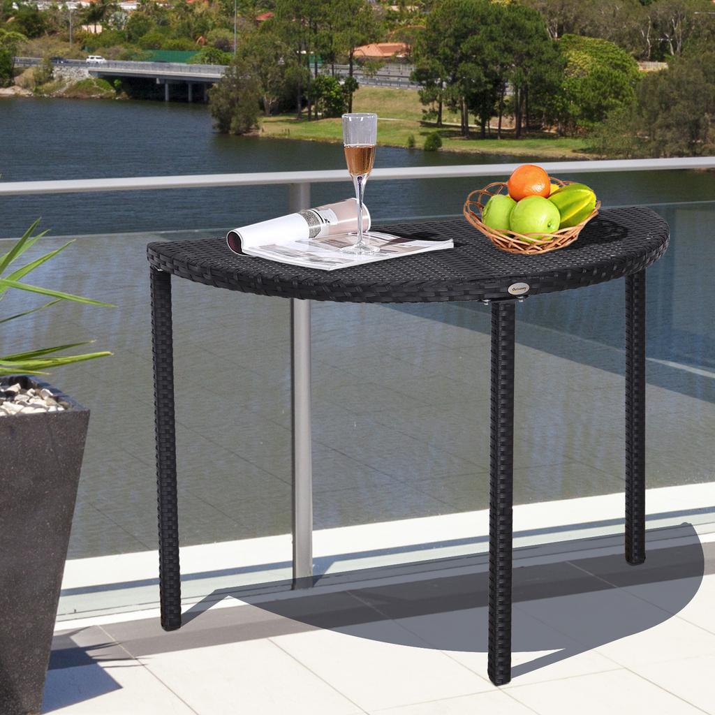 Balcony Table, Garden Side Table, Garden Furniture, Semicircular, Polyrattan, Metal, Black, 100 x 50 x 74 cm