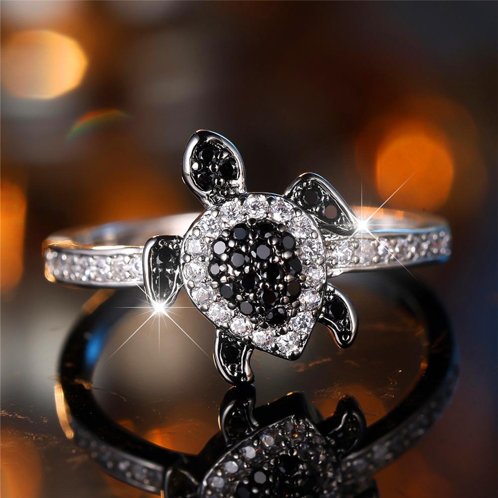 Роскошное женское кольцо-перстень с черным цирконом в виде черепахи Винтажное Серебристого цвета Свадебное кольцо Обручальное Для женщин