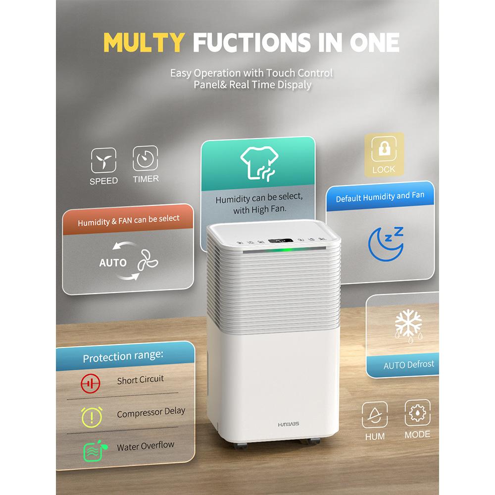 HUMILABS OL12-BD031A Portable Dehumidifier, 12L Dehumidify Capacity, 3 Modes, Auto/Manual Drainage, 24-Hour Timer, Low Noise
