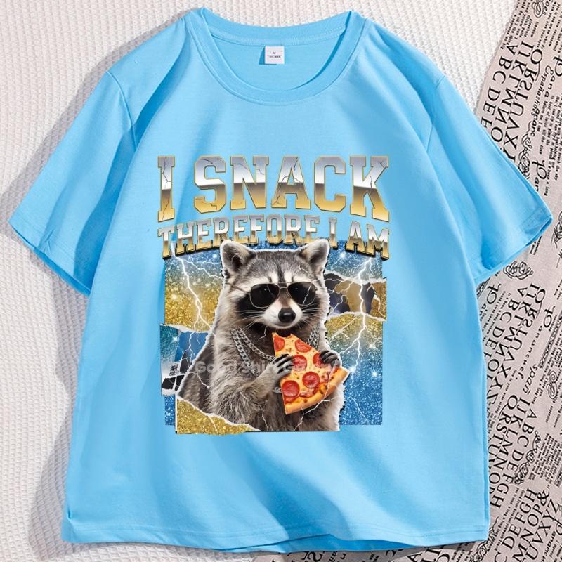Raccoon Pizza TShirt I Snack Therefore I Am Graphic Tees Funny Animal Lover T Shirt Retro Cotton Short Sleeve Round Neck Tee