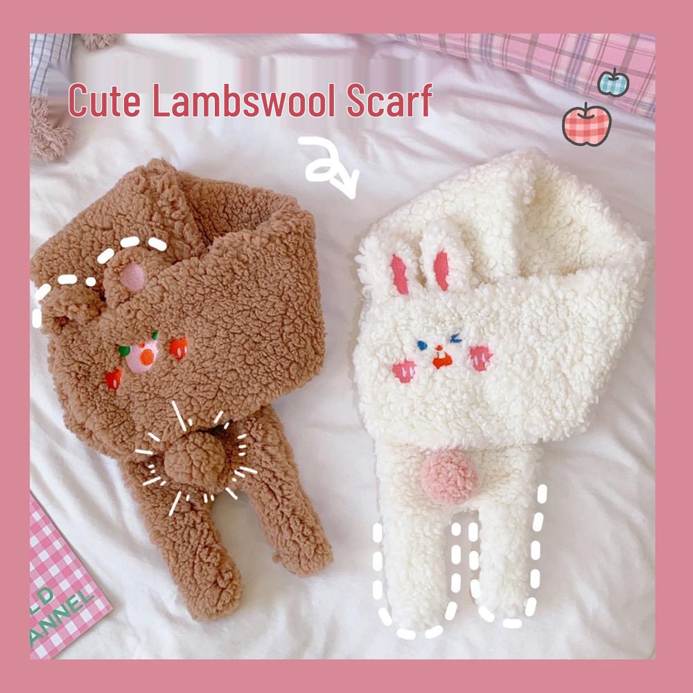Korean Style Cute Blush Rabbit Plush Scarf: Women's Sweet, Warm, Thickened Lamb Wool Neck Warmer