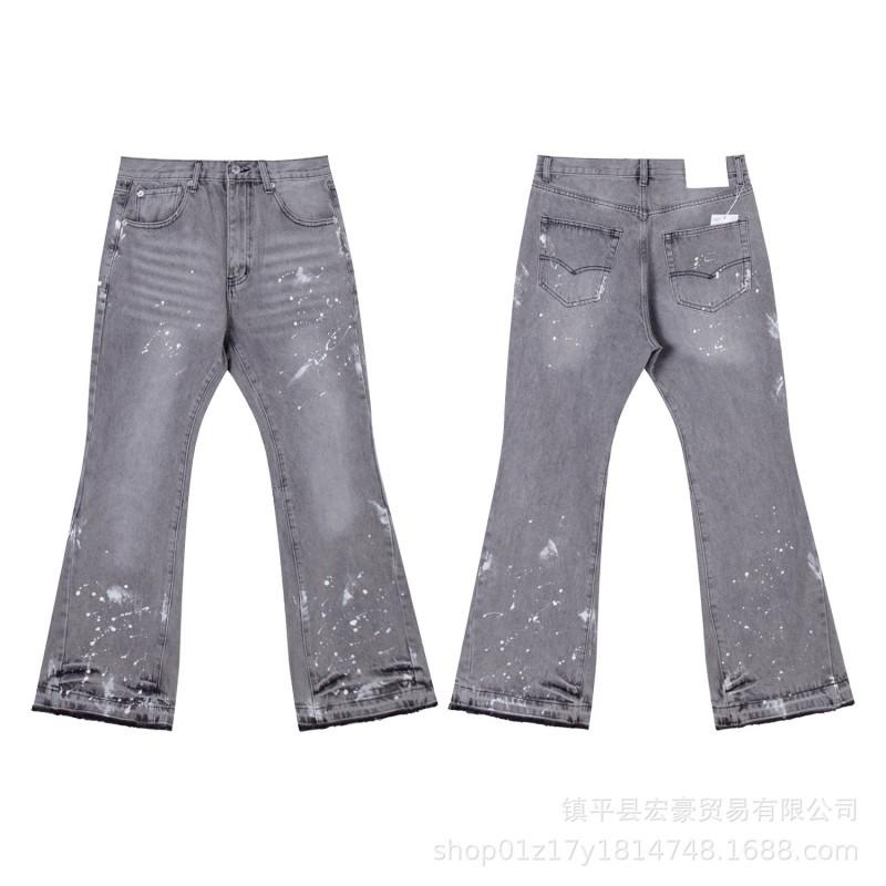 Mens Distressed Patchwork Flared Jeans With Hand-Painted Ink Wash Effect Slim Fit Casual Denim Trousers