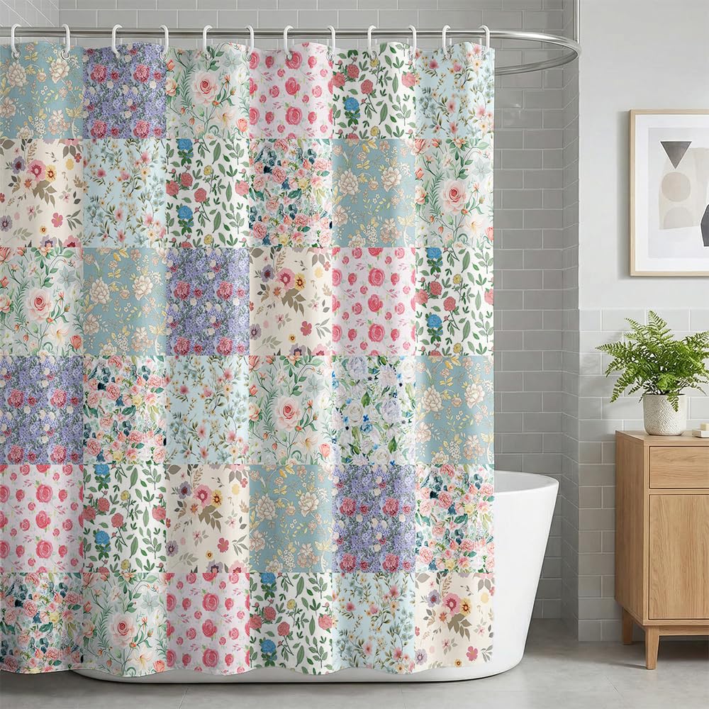 Enchanting French Garden Patchwork Shower Curtain with Translucent Water-Resistant Liner and 12 Hooks for Rustic Bathroom Decor