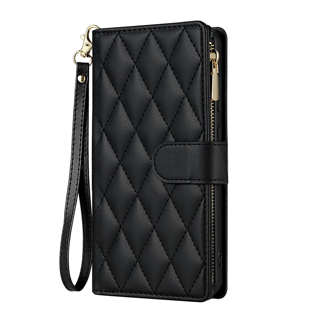 For Samsung Galaxy S26+ Case Rhombus Stitching Leather Wallet Phone Cover with Long  /  Short Strap