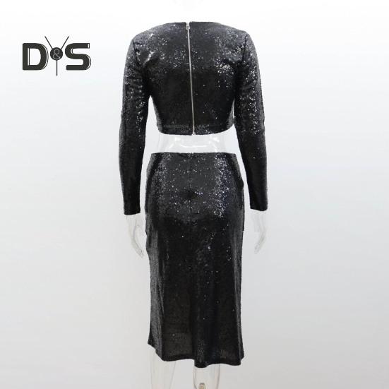 2 Pcs/Set Women Top Skirt Suit Shiny Sequin Long Sleeve O Neck Short Waist Exposed Top High Waist Split Slim Fit Club Party Midi Skirt Set