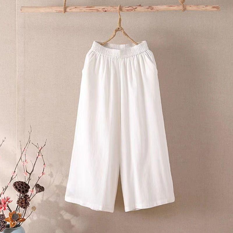 Casual Cotton Linen Wide Leg Pants For Women With Elastic Waist And Pockets For Summer Comfort
