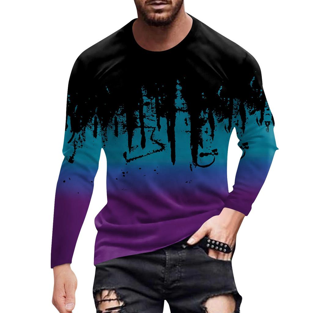 Men's Spring Ink Print Long Sleeve T-Shirt Men's Loose Casual Fashion Long Sleeve T-Shirt