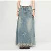 Retro Raw Edge Denim Skirt for Women 2025 Spring Autumn Y2k Style Clothing High Waist A-line Mid-length Skirt Streetwear Plus Size