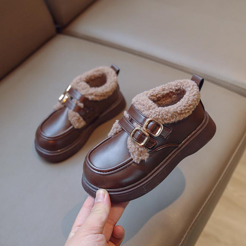 Детская кожаная обувь для девочек в британском стиле, зима 2024 г., теплая школьная форма из овечьей шерсти для мальчиков, хлопковая обувь из плюша и искусственной кожи