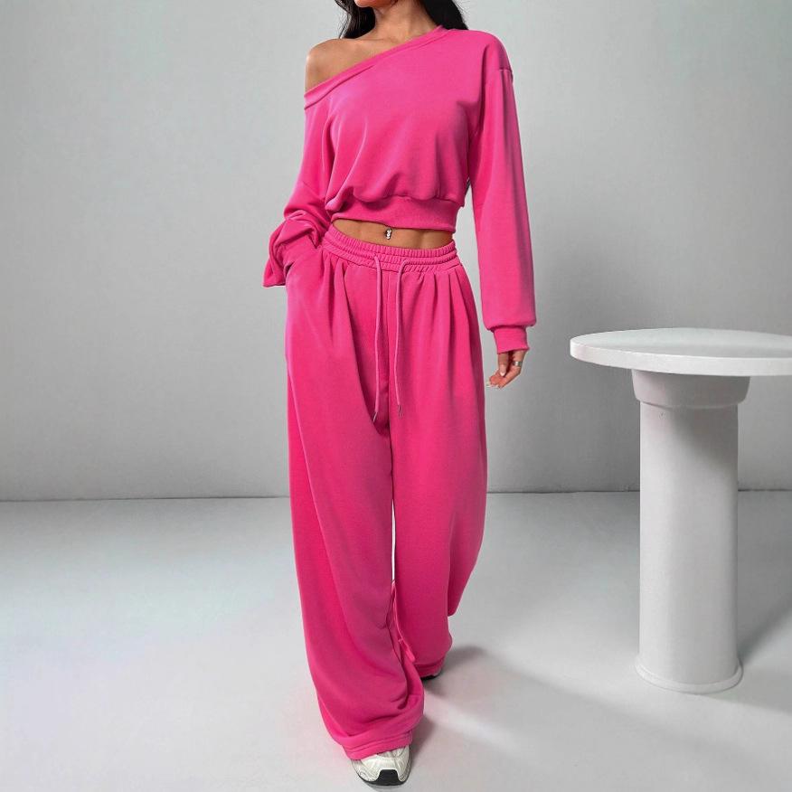 2025 Женский повседневный свитшот на одно плечо и вязаный комплект - Однотонный, Свободный крой, Варианты с коротким и длинным рукавом