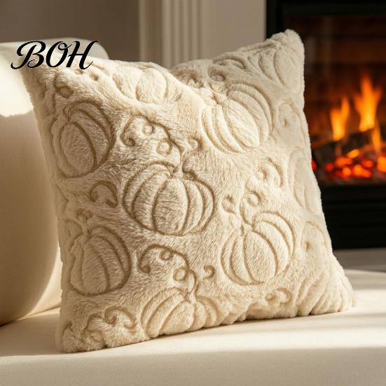 Soft Velvet Sofa Cushion Covers Fall Plush Cover, Pumpkin Maple Leaf Embroidery Throw Pillow Pattern Shams Autumn Farmhouse Case for Thanksgiving Home