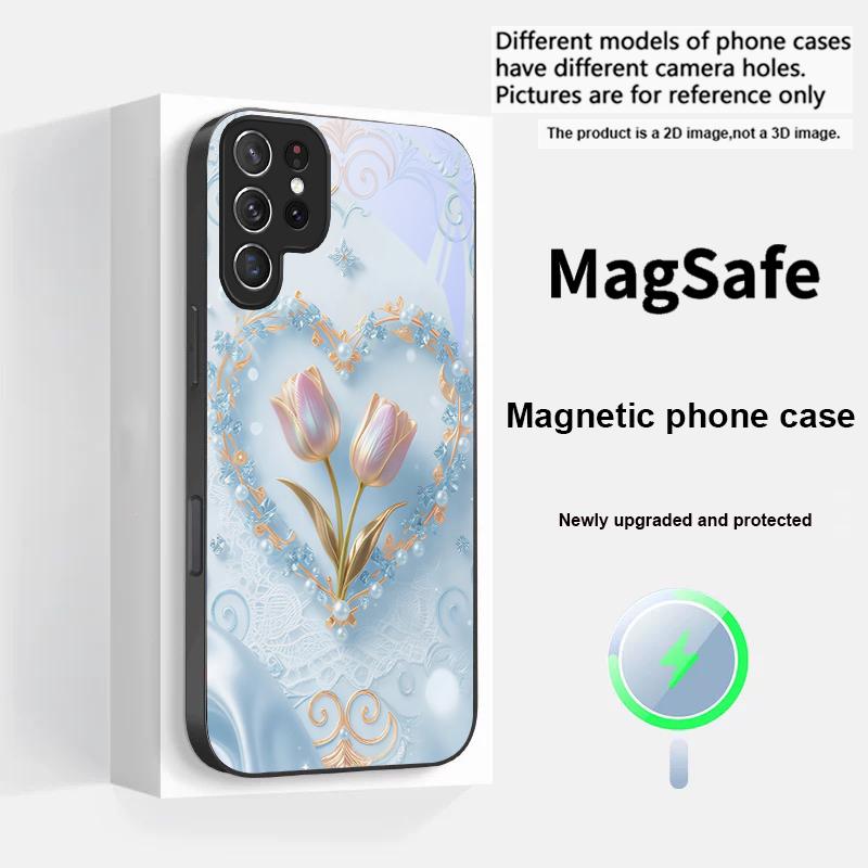 Розово-фиолетовый тюльпан любви для Magsafe Samsung S25 S25 Edge S25Ultra S8 9 10 20 S21 Pro 22 Plus S23 FE S24 Ultra Стеклянный чехол для телефона
