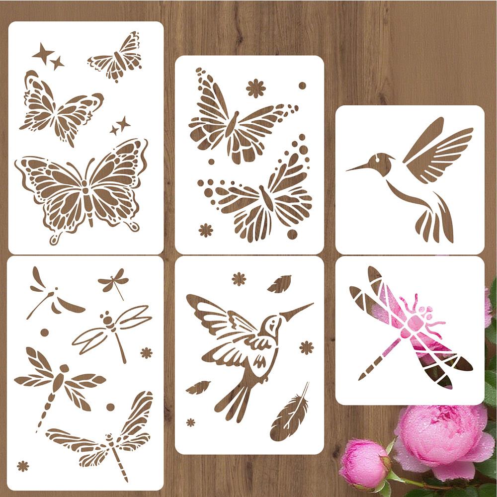 6Pcs 6 Styles Butterfly Dragonfly Bird Theme PET Plastic Hollow Out Drawing Painting Stencils Templates Insects 150~300x150~200mm 1pc/style