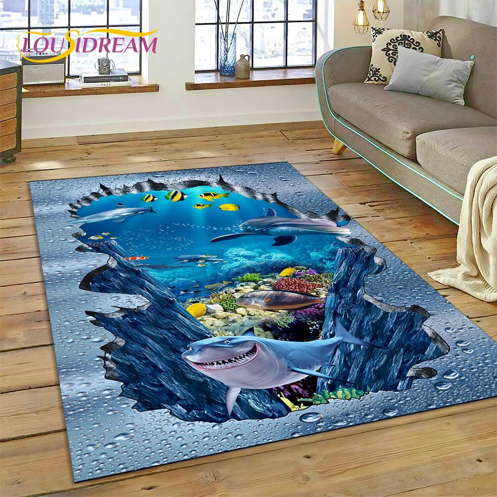 3D иллюзия подводного мира, морское дно, акула, дельфин, мультяшный ковер для декора гостиной, спальни, нескользящий коврик для дивана, детский коврик