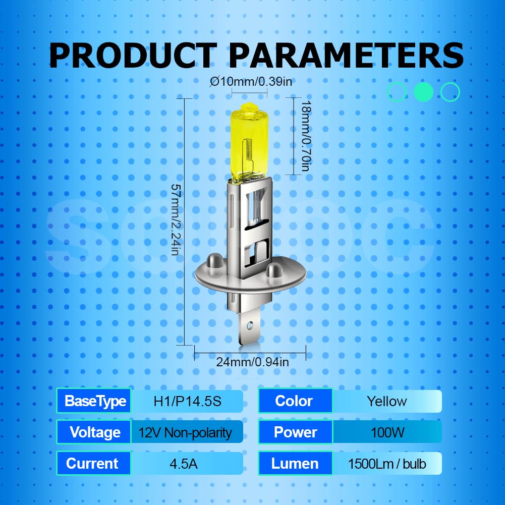 SOFOC Суперяркие автомобильные противотуманные фары H1, фары, лампа дальнего/ближнего света, 100 Вт, желтый, 3000K, комплект из 2 шт.