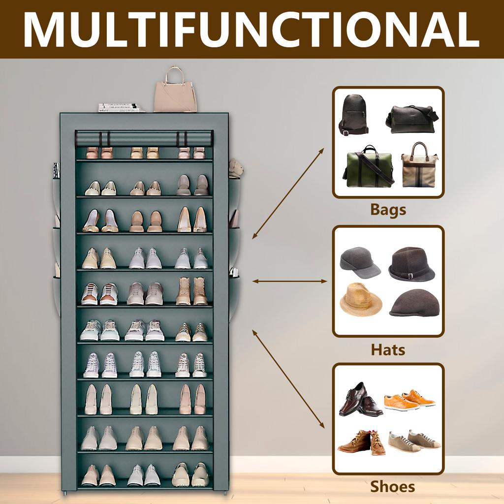 10 Tier Shoe Rack Organizer Dustproof Fabric Holds 30 To 40 Pairs Shoes Space Saving Free Standing Tall Shoe Storage Shelf