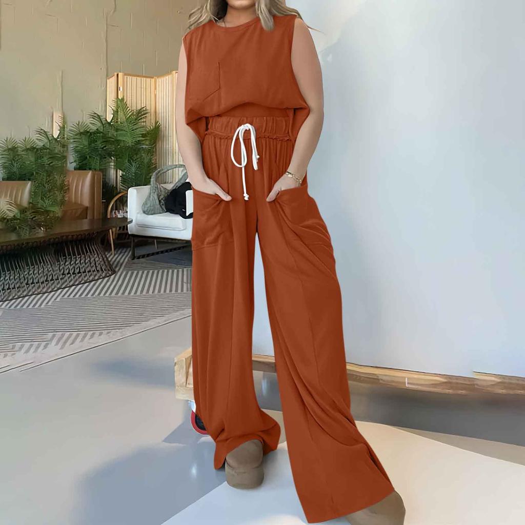 Летний комплект из 2 предметов Omen, топ без рукавов с круглым вырезом, широкие брюки, комплект, комбинезон, летний повседневный костюм