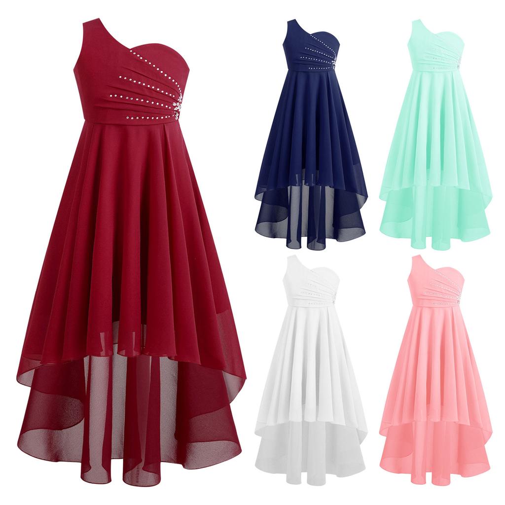 Детское праздничное платье с блестящими стразами для девочек и бисером, без рукавов на одно плечо, шифоновое платье для подружки невесты на свадьбу, вечернее платье для выпускного вечера