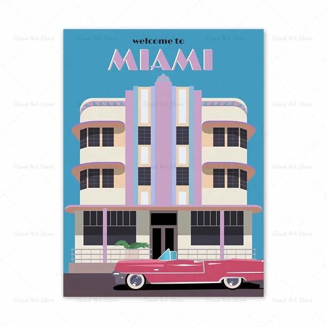 Vintage Miami California Canvas Painting Retro Travel Poster Tourist Scenery Wall Art for Living Room Decoration Home Decor