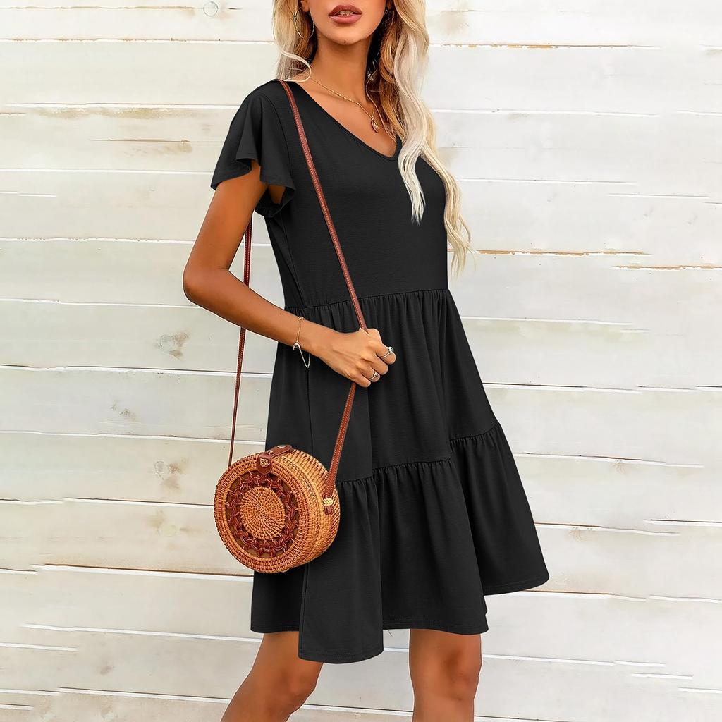 Женские повседневные многослойные платья Платье с V-образным вырезом и рюшами Платье с короткими рукавами и длинным подолом Платье трапециевидной формы