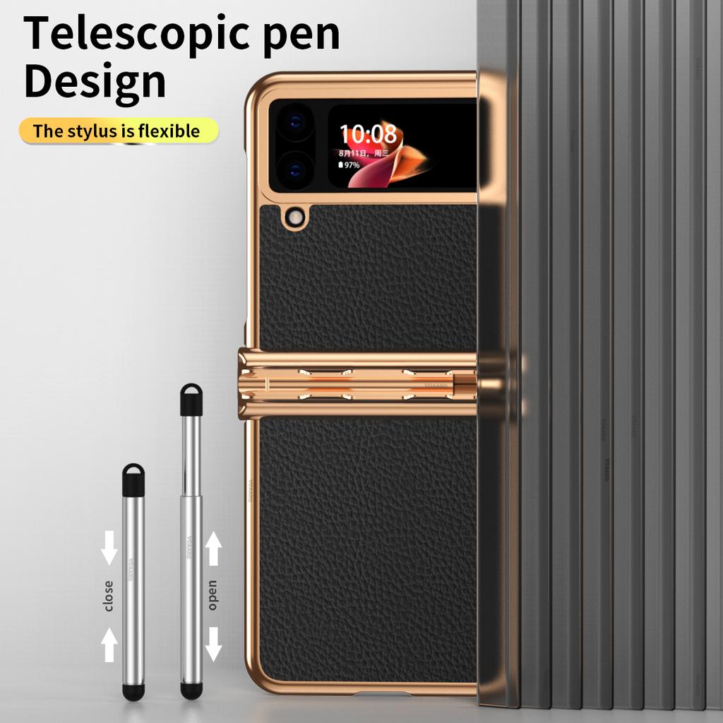 For Samsung Z Flip 4 Case Dual Hinge With Pen Slot Plating Leather Cover For Galaxy Z Flip 4 Hinge Case +Capacitance Touch Pen