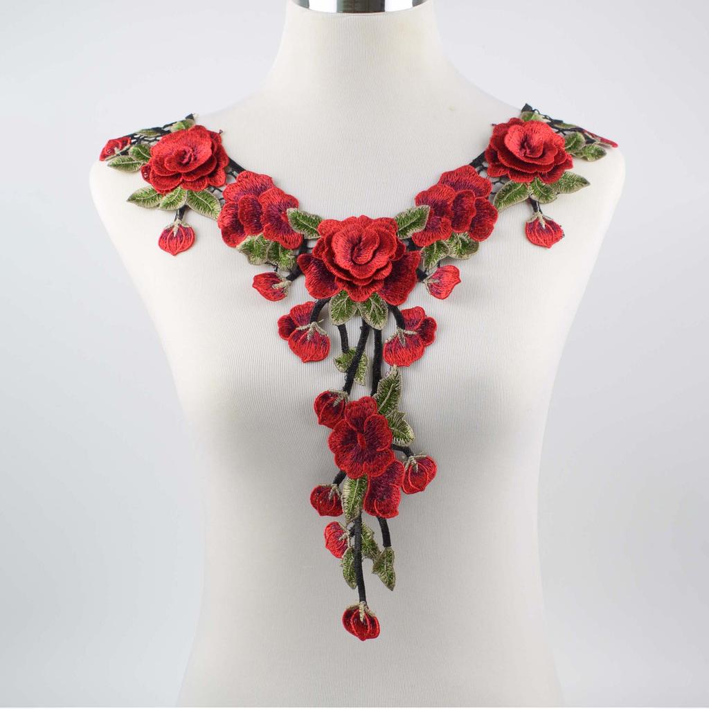 1 шт. Вышитый цветок Красная роза Кисточка Воротник Флора Лист Аппликации для платья Швейная нашивка Украшение свадебного платья