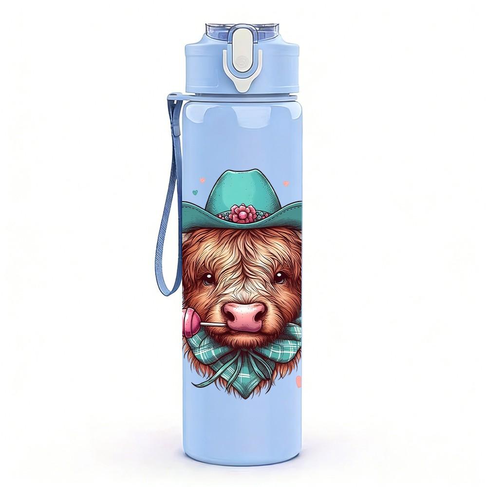 1PC Cowboy Hat Bull Head Vintage Pattern 750ml Color Plastic Sports Water Bottle Leakproof Flip Straw Lid Suitable for Sports Office Home Use