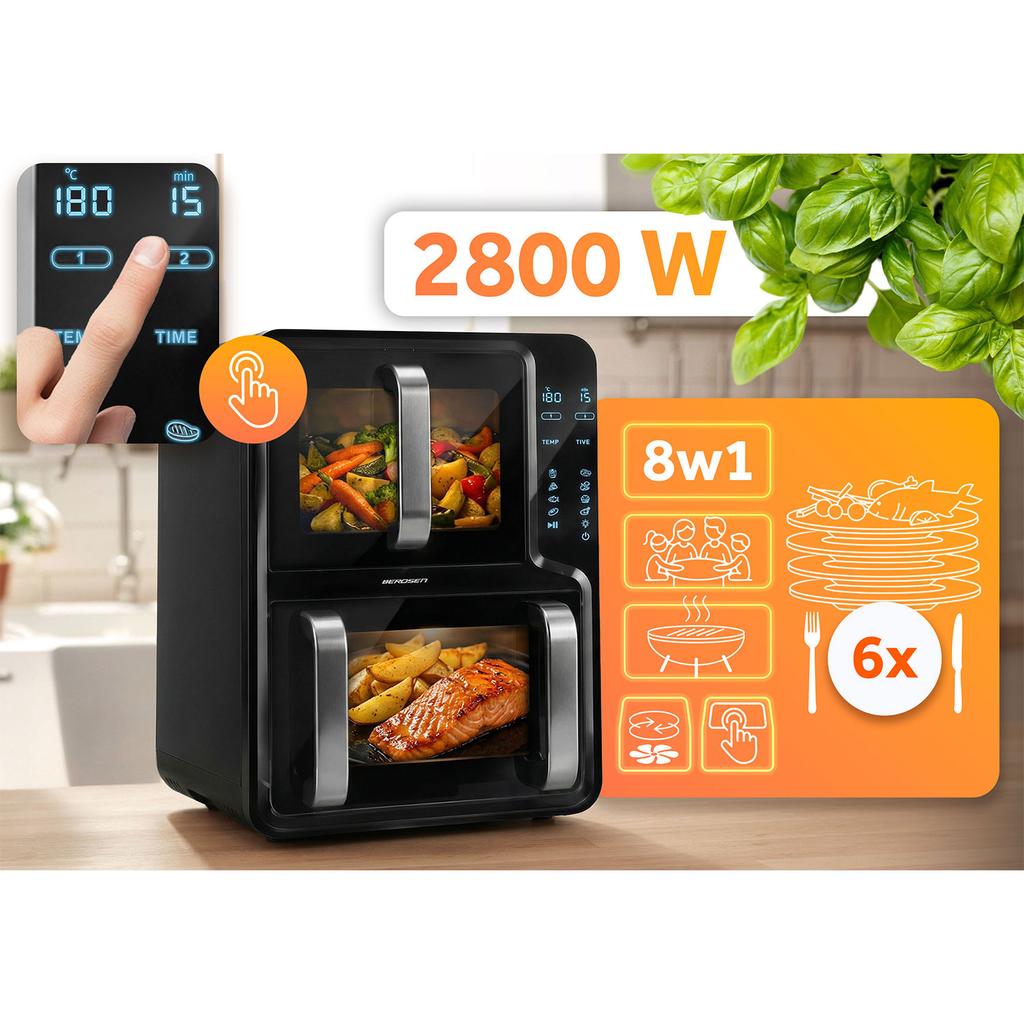 Безмасляная аэрофритюрница с двумя камерами, вертикальная, 12 л, Air Fryer, фритюрница Berdsen 2800 Вт Bd-664