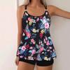 Plus Size Elegant Tankini Set Women's Plus Contrast Tropical Print Tie Front Tank Dress  Panty Swimsuit 2 Piece Set