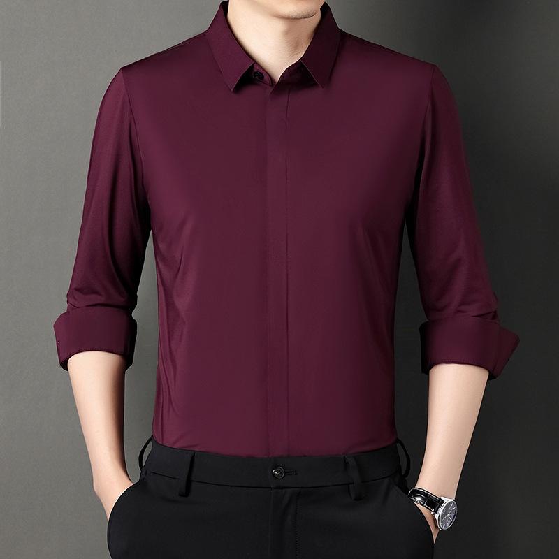 Men's Long-Sleeved Shirt Spring and Autumn Dark Placket Business Casual Solid Color Elastic Seamless Shirt