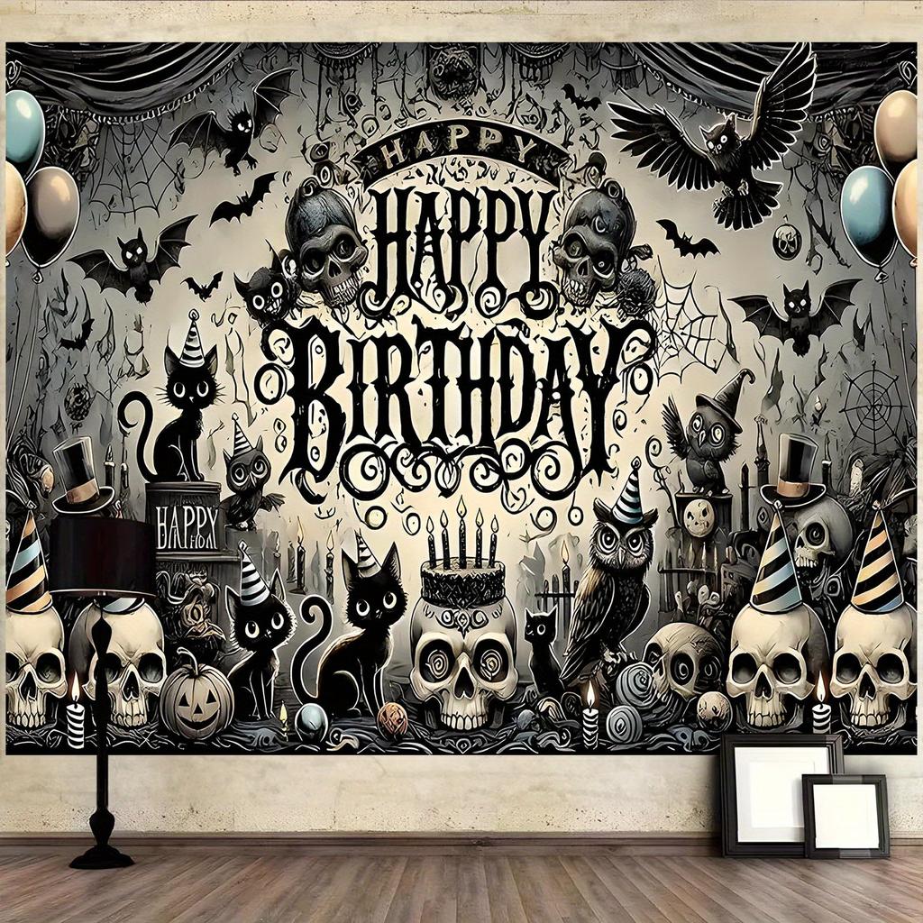 1 Gothic style cat skull birthday banner - Horror Halloween themed party decoration with black cats, bats, and skeletons