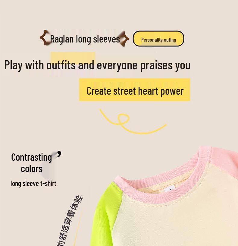 2025 Милая мультяшная футболка с длинным рукавом реглан в цветной блок для девочек
