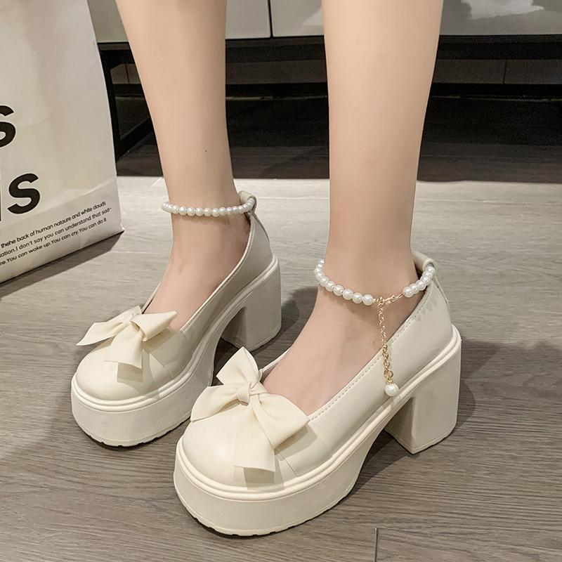 Модные туфли Мэри Джейн, женские новые модные туфли с жемчужным бантом на высоком каблуке и маленькими кожаными туфлями, женские одинарные туфли