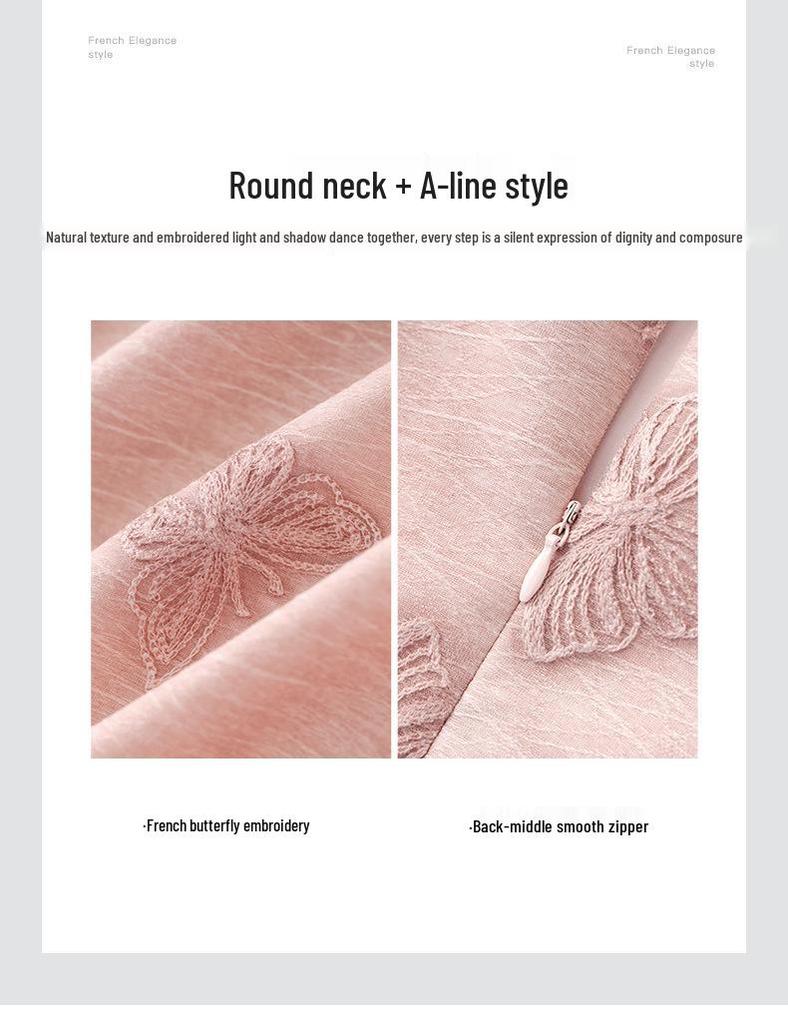 Tencel Linen A-line Dress with Butterfly Embroidery - French Style Slimming Fit for Women