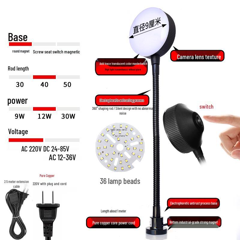220V LED Work Light with Magnetic Base for Lathe, Punch Press, Injection Molding, and 24V Equipment