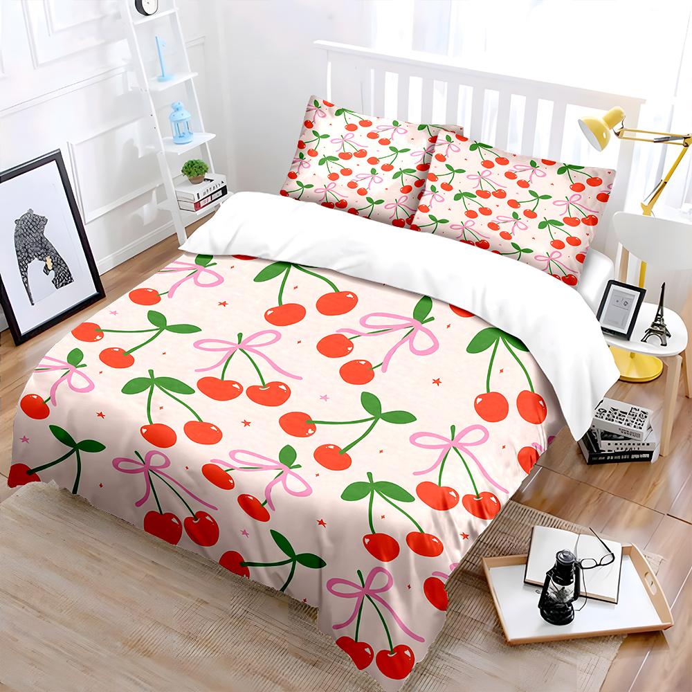 Cherries and Pink Ribbons Pink Theme Print Bedding Set 1 Duvet Cover 2 Pillowcases for Adult and Children Luxury Gift Full Size