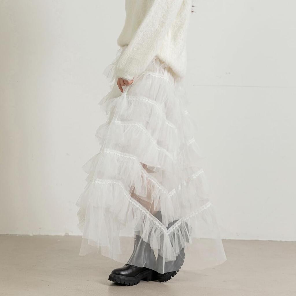 DAYCLOSET Sheer Tulle for and Size Medium Skirt, Long, Tiered, Lined, Ruffled, Lightweight, Women, Spring, Summer, Fall, 016, White,