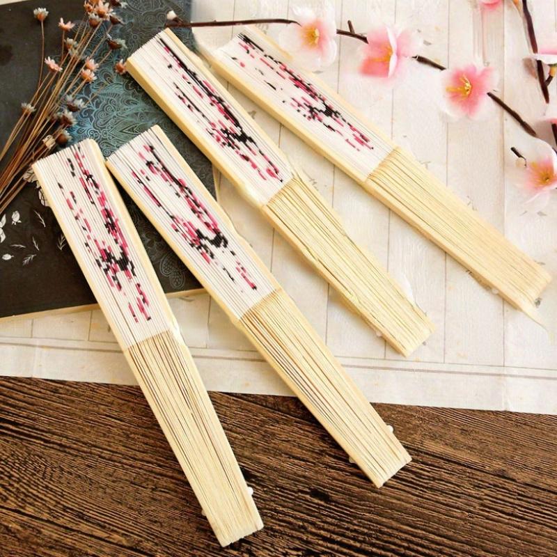 6pcs Cherry Blossom Fabric Folding Fans - Japanese Style Handheld Fans with Pink & Black Floral Design, Elegant Wedding Party Favors & Home Decor