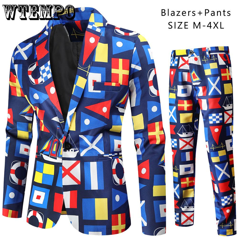 Весенне-осенний мужской повседневный костюм, модный мужской костюм с цифровой печатью, комплект из двух предметов