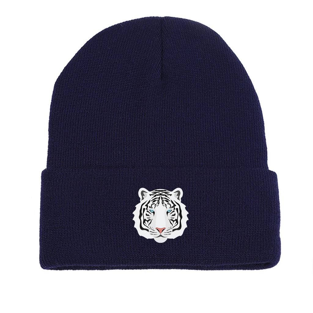 White Tiger Print Knit Hat Beanie, Animal Skull Cap Fit Autumn Simple Pompom Beanies Knitted Cap Beanie