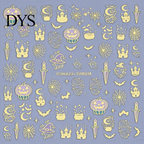 Holiday Nail Stickers Halloween 3D Art Stickers, Metallic Golden Pumpkin Ghost Spider Web DIY Supplies Witch Hat Decals, Self-Adhesive Manicure
