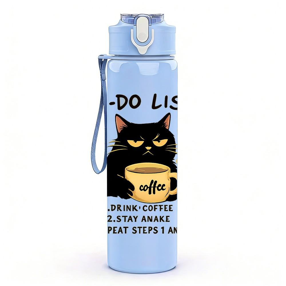 1PC To Do List Black Cat With Coffee 750ml Color Plastic Sports Water Bottle Leakproof Flip Straw Lid Suitable for Sports Office Home Use
